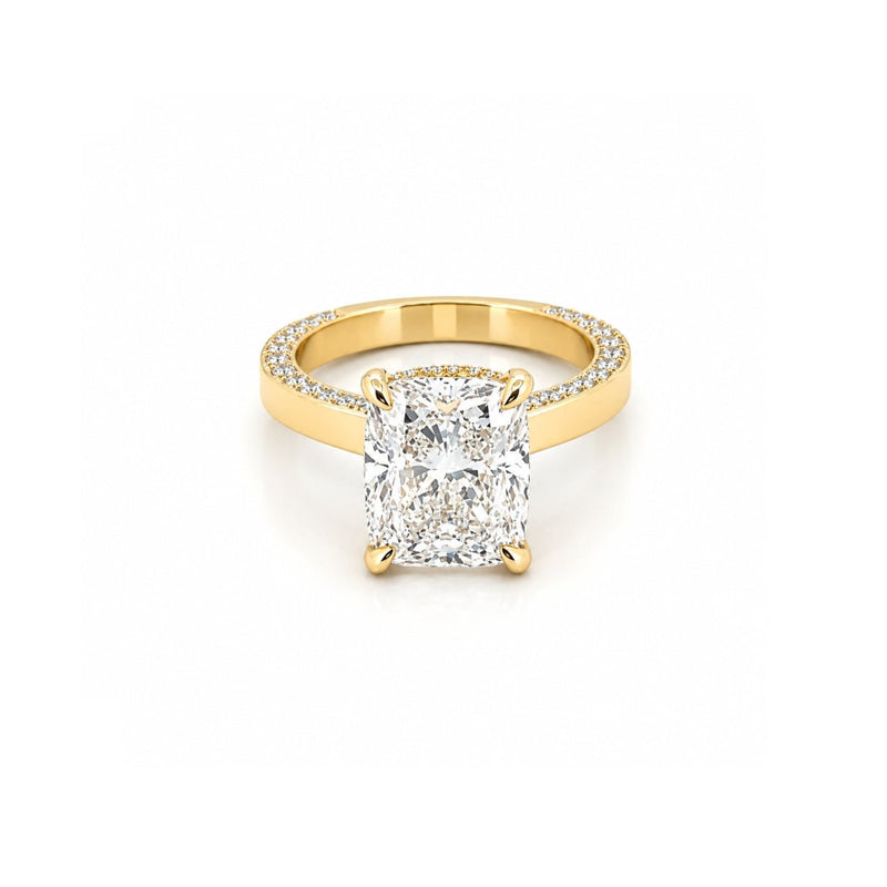 14K Gold Lab Grown Elongated Cushion Diamond Engagement Ring with Diamond Walls and Under Halo