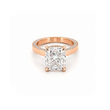 14K Gold Lab Grown Elongated Cushion Diamond Engagement Ring with Diamond Walls and Under Halo
