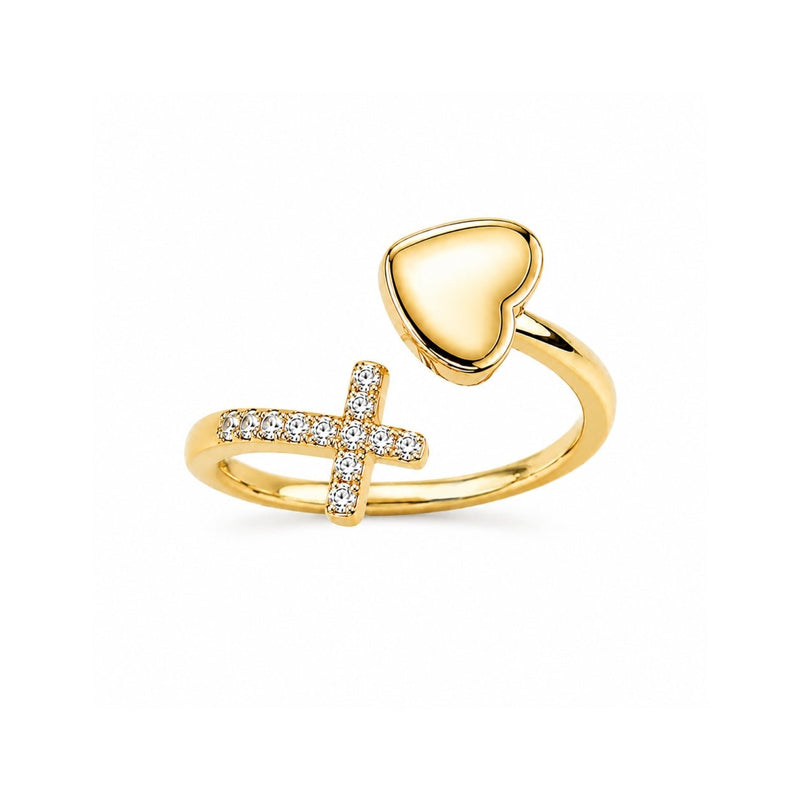 14K Gold Heart and Diamond Cross Ring