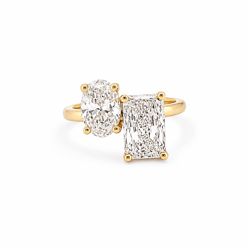 14K Gold 4.00 Carat Lab Grown Toi et Moi Oval and Radiant Engagement Ring