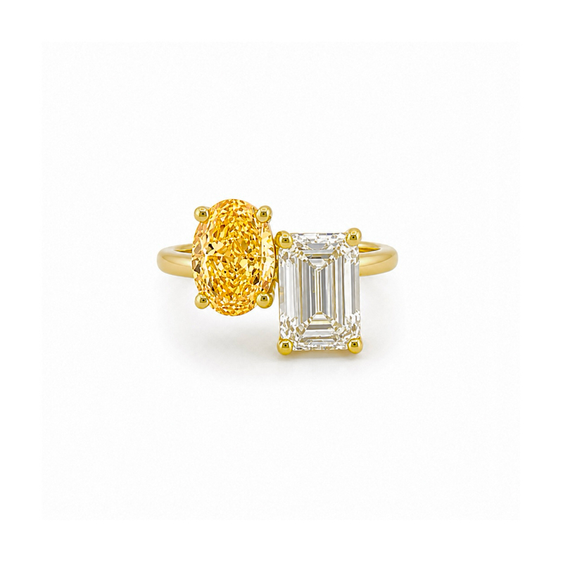 14K Gold 5.50 Carat Lab Grown Oval Yellow Diamond and Radiant Engagement Ring