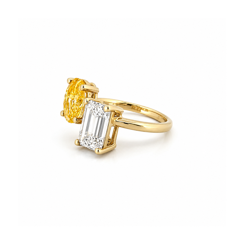 14K Gold 5.50 Carat Lab Grown Oval Yellow Diamond and Radiant Engagement Ring