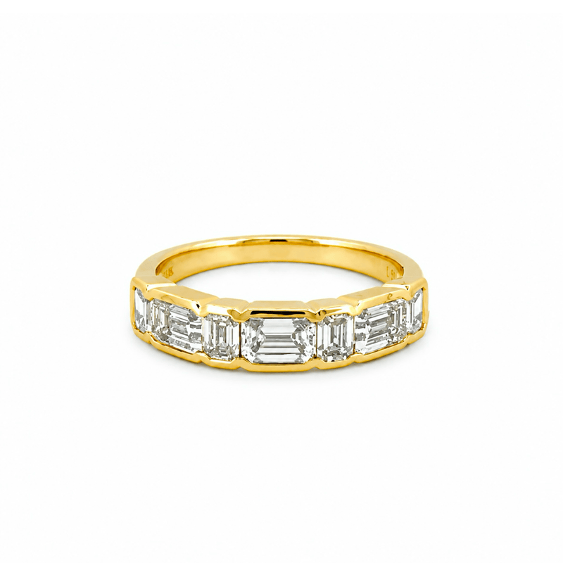14K Gold Alternating Lab Grown Emerald Cut Diamond Half Bezel Wedding Band