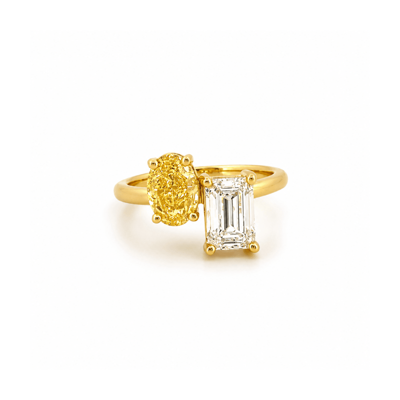 14K Gold 3.00 Carat Lab Grown Oval Yellow Diamond and Radiant Engagement Ring