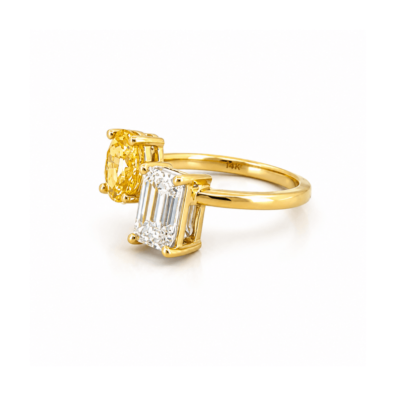 14K Gold 3.00 Carat Lab Grown Oval Yellow Diamond and Radiant Engagement Ring