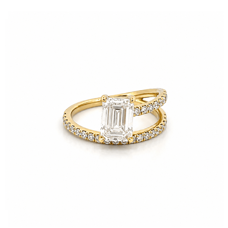 14K Gold 2.50 Carat Lab Grown Emerald Cut Diamond Half Two Row Engagement Ring