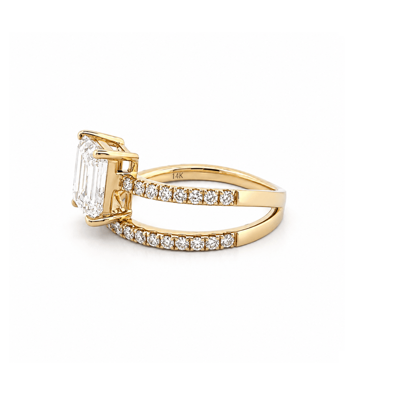 14K Gold 2.50 Carat Lab Grown Emerald Cut Diamond Half Two Row Engagement Ring