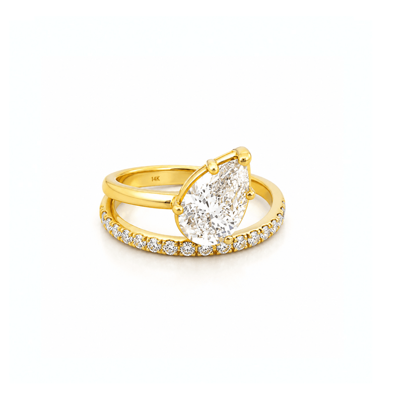 14K Gold 2.50 Carat Lab Grown Pear Half Two Row Engagement Ring
