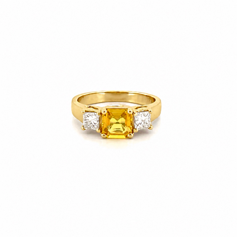 14K Gold Three Stone Yellow Sapphire Asscher Engagement Ring