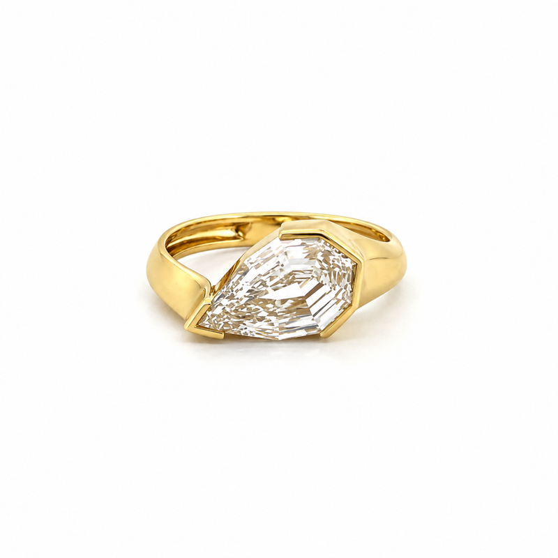 14K Gold Lab Grown 3.00 Carat Step Cut Pear Diamond Half Bezel Engagement Ring
