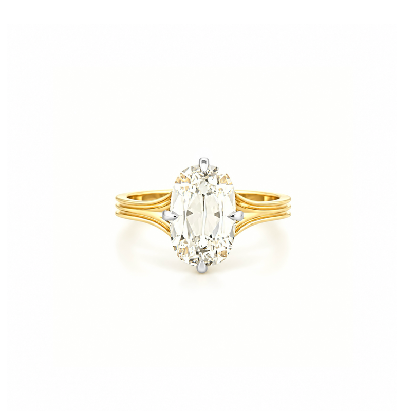 14K Gold Lab Grown Old Miner Cut Diamond Ribbed Solitaire Engagement Ring