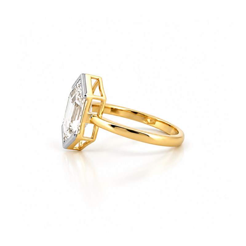 14K Gold Lab Grown Dutch Marquise Diamond Half Bezel Solitaire Engagement Ring
