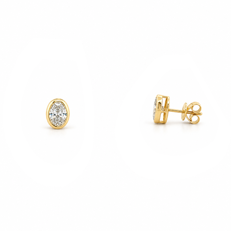 14K Gold Lab Grown Oval Diamond Bezel Stud Earrings