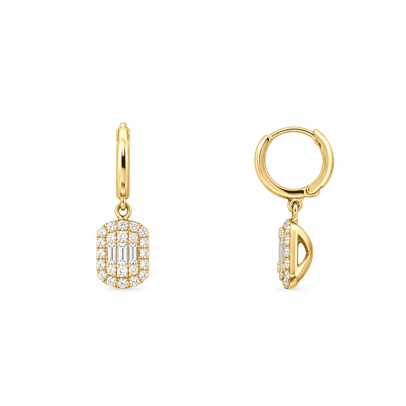 14K Gold Dangle Baguette and Round Diamond Earrings