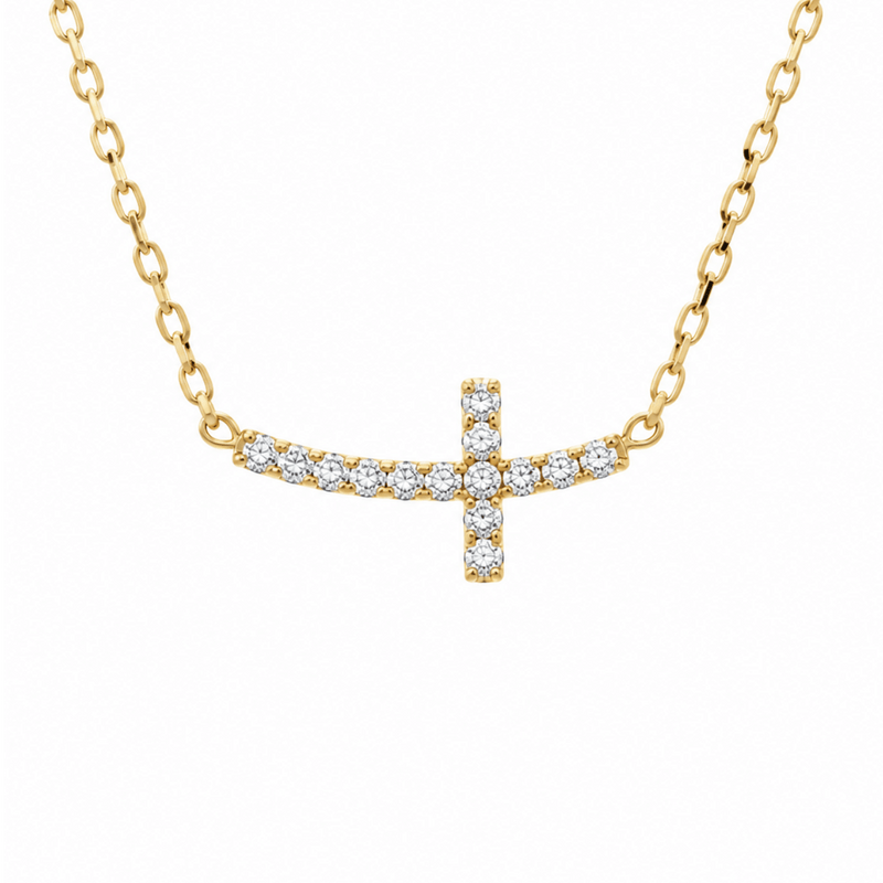14K Gold Diamond Small Sideways Cross Necklace