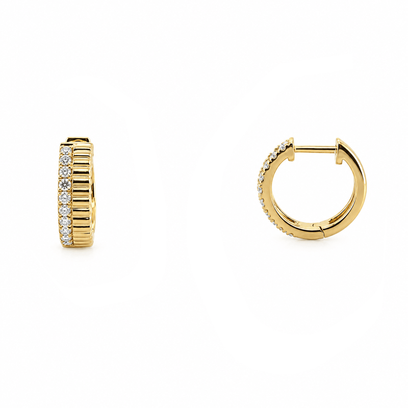 14K Gold Diamond Edge Ribbed Huggie Earrings