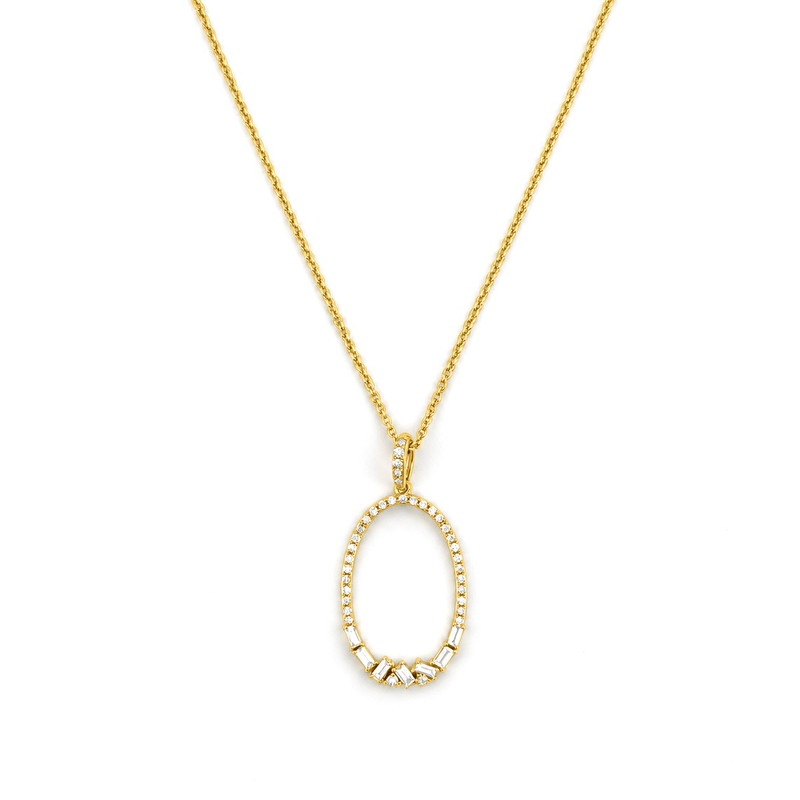 14K Gold Open Oval Shape Cluster Diamond Pendant Necklace
