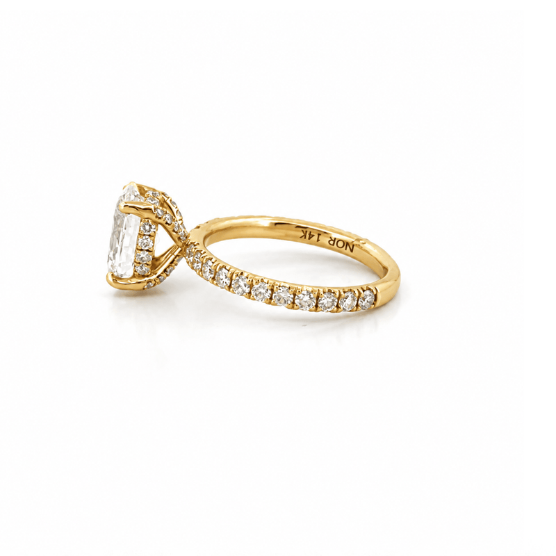 14K Gold 2.00 Carat Lab Grown Oval Diamond Engagement Ring with Diamond Under Halo and Prongs