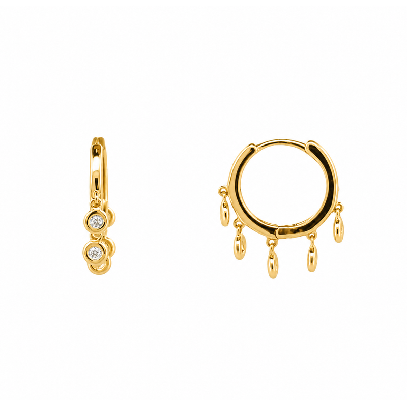 14K Gold Spaced Diamond Bezel Dangle Huggies