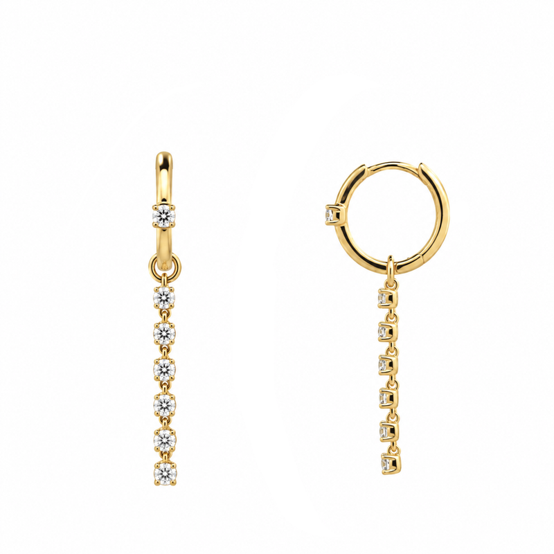 14K Gold Dangle Diamond Tennis Huggie Earrings
