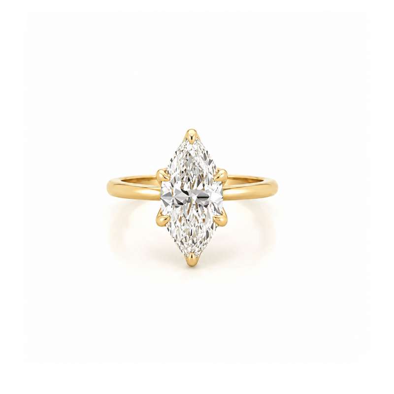 14K Gold Lab Grown Marquise Cut Diamond Floral Solitaire Under Halo Engagement Ring