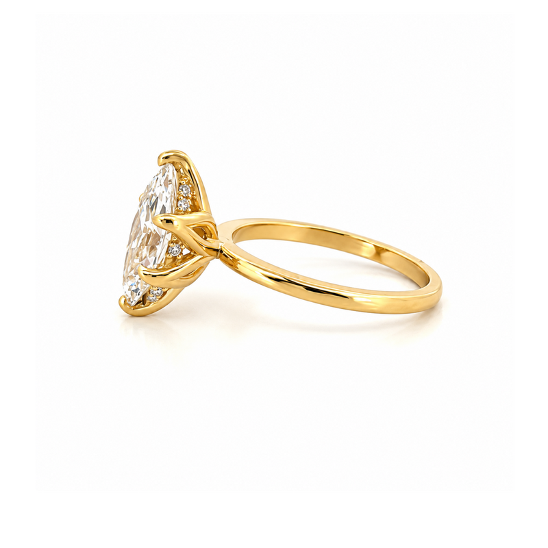 14K Gold Lab Grown Marquise Cut Diamond Floral Solitaire Under Halo Engagement Ring