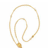 14K Gold Natural Miraculous Medal and Cross Lariat Diamond Bezel Pendant Necklace