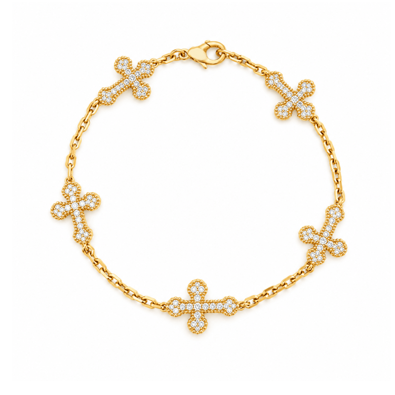 14K Gold Natural Diamond Spaced Cross Bracelet