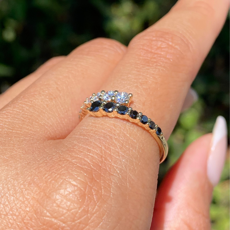 14K Gold Open Wrapped Black Diamond and White Diamond Band