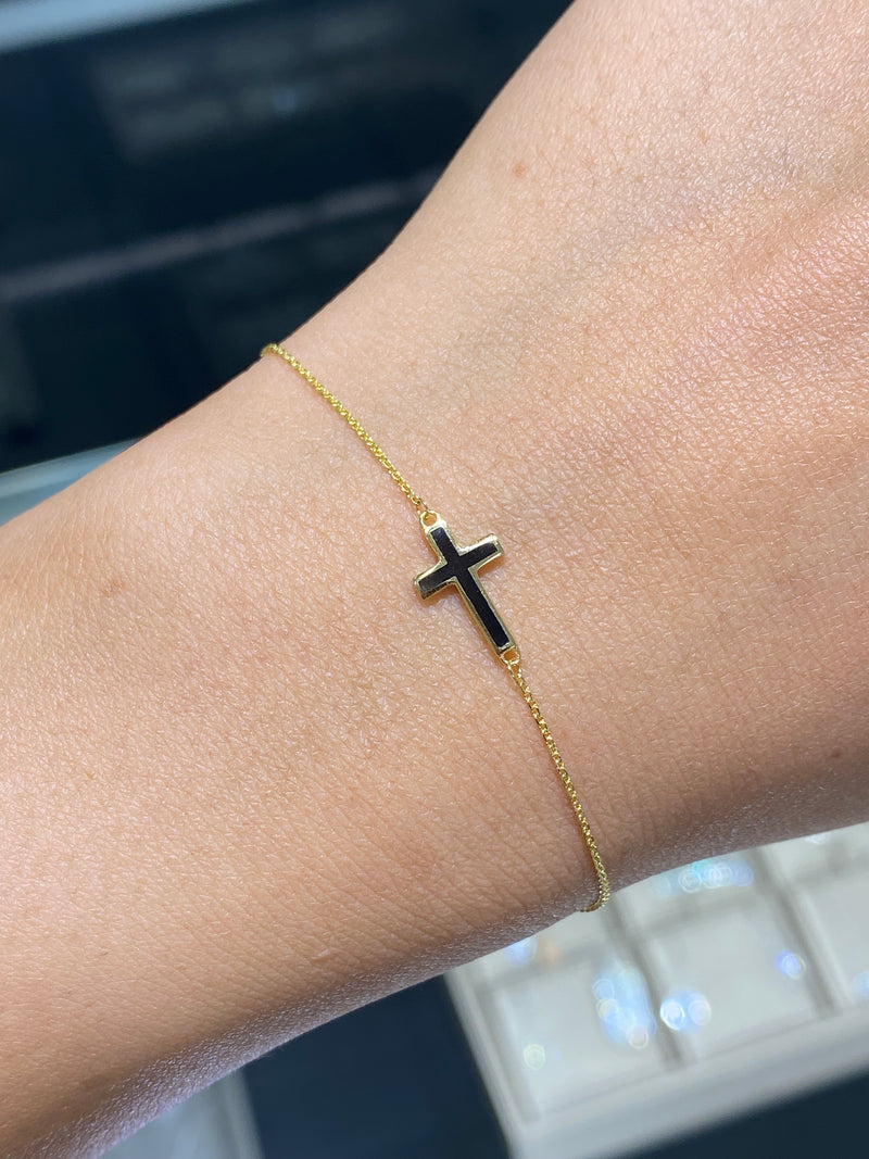 14K Gold Black Enamel Cross Bracelet