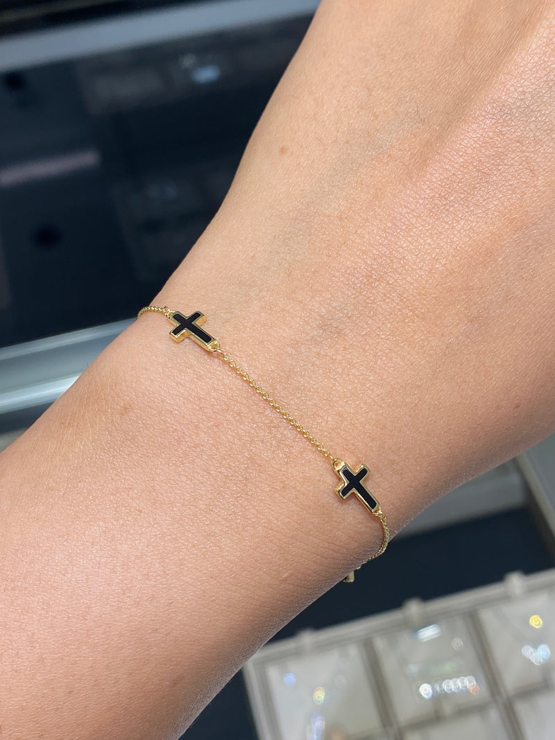 14K Gold Four Black Enamel Cross Bracelet