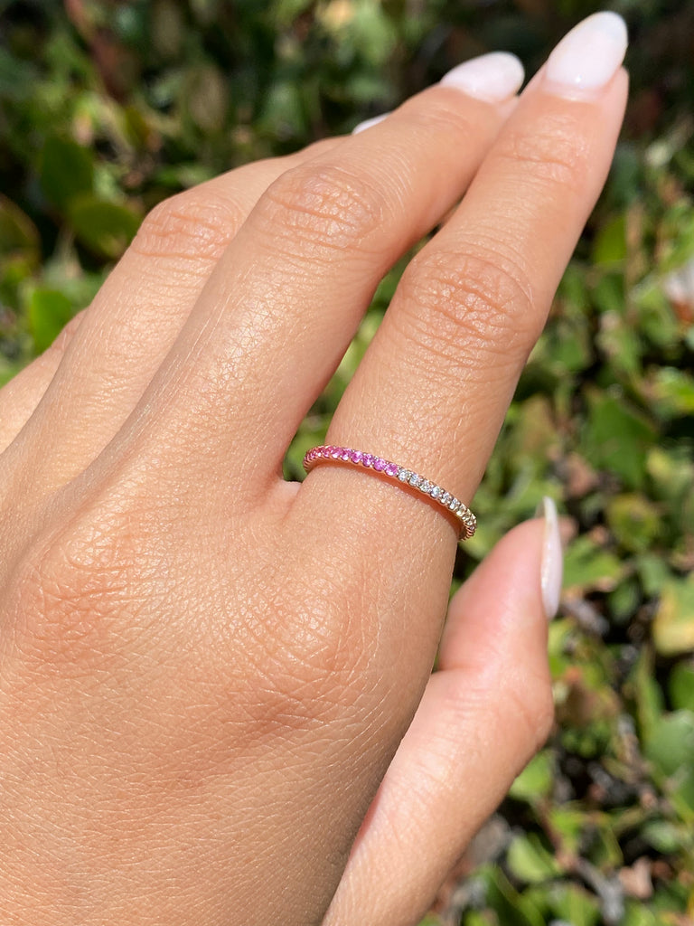 Pink sapphire and hot sale diamond eternity band