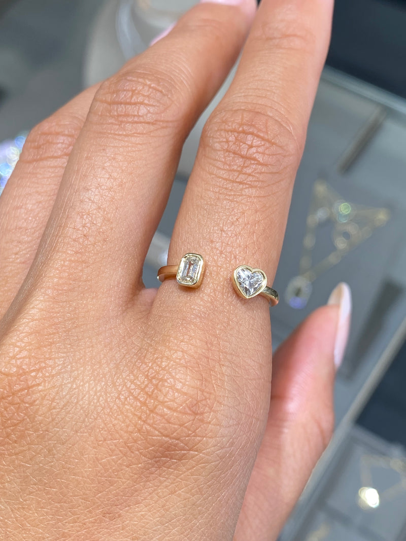 14K Gold Heart and Emerald Bezel Open Diamond Band