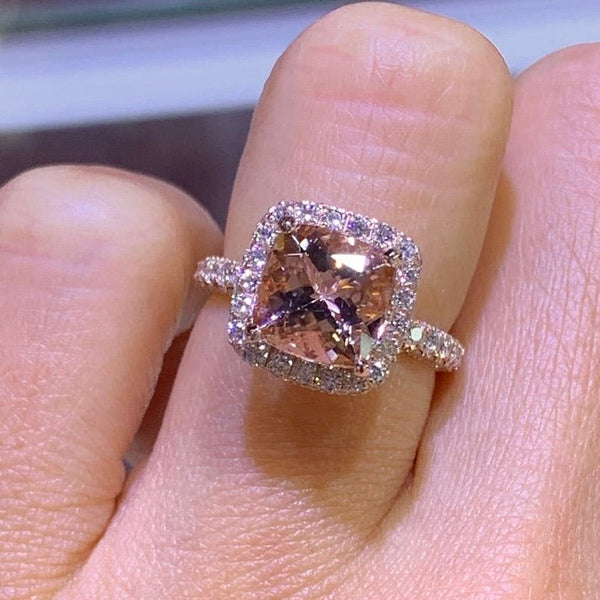 14K Gold Diamond Halo Ring with 2.00 Carat Cushion Cut Morganite Engagement Ring