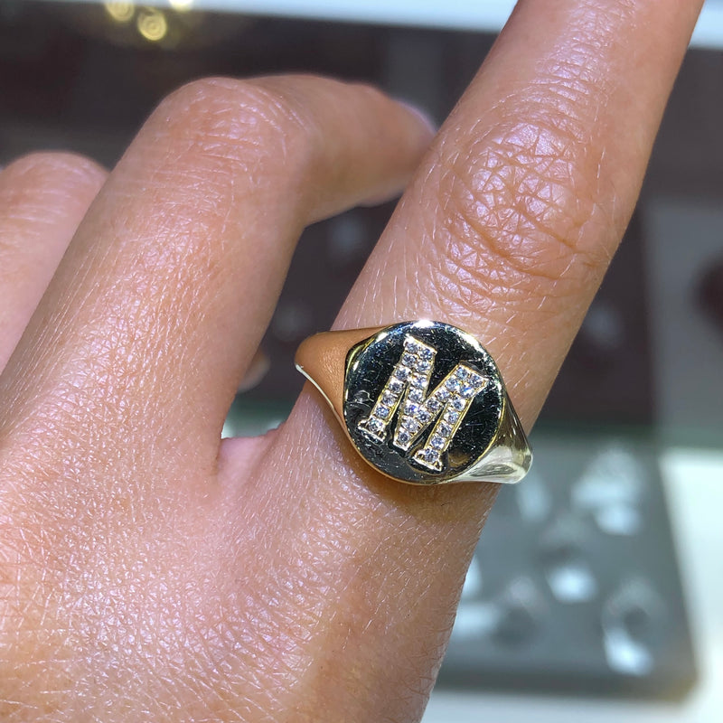 14K Gold Diamond Initial Signet Ring