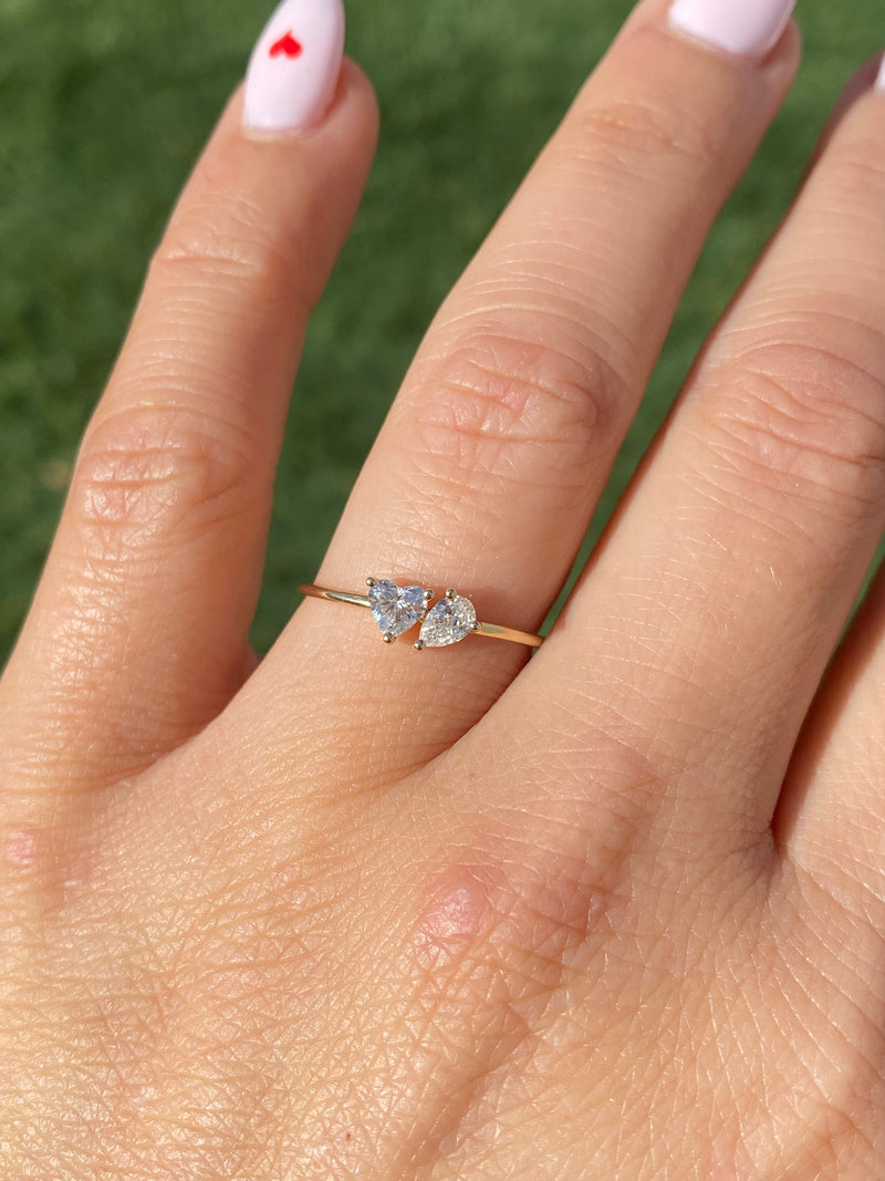14K Gold Heart and Pear Toi Et Moi Diamond Band