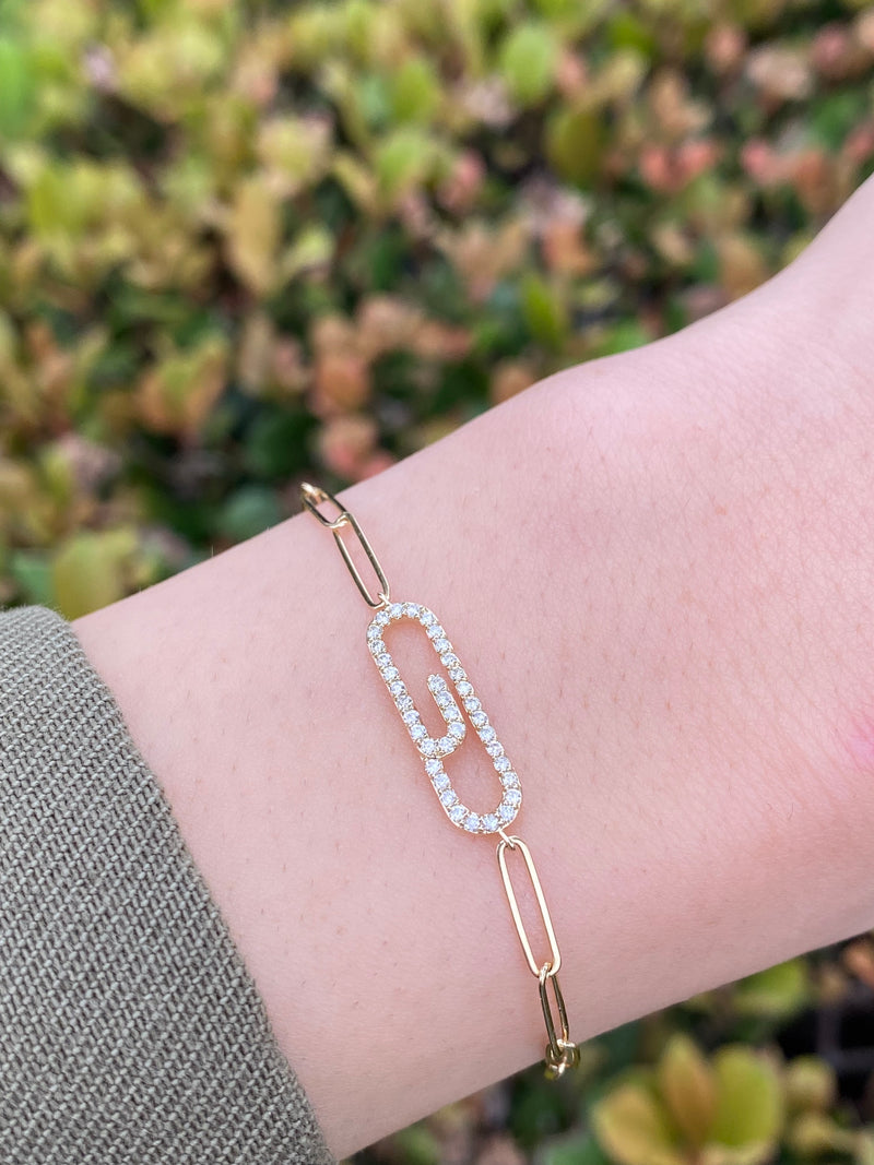 14K Gold Paper Clip Motif Diamond Bracelet