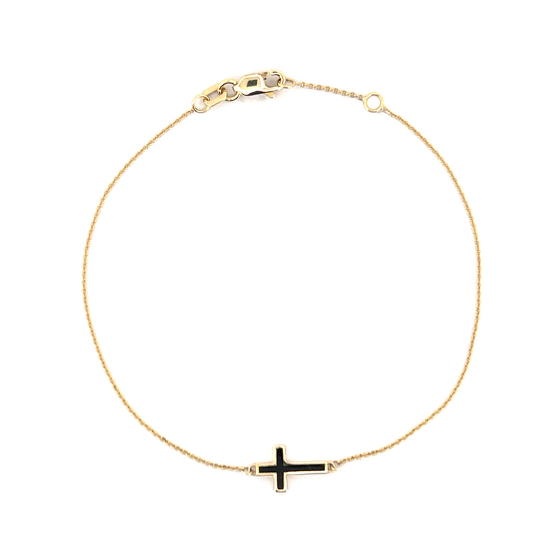 14K Gold Black Enamel Cross Bracelet