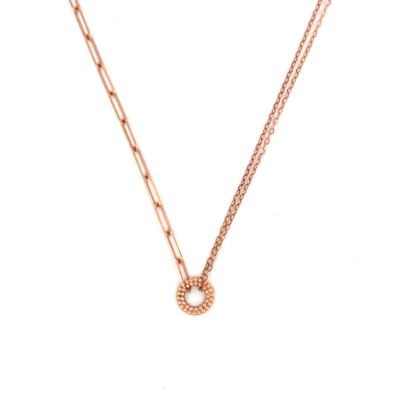 14K Gold Half Paper Clip Half Double Cable Chain Round Art Deco Pendant Necklace