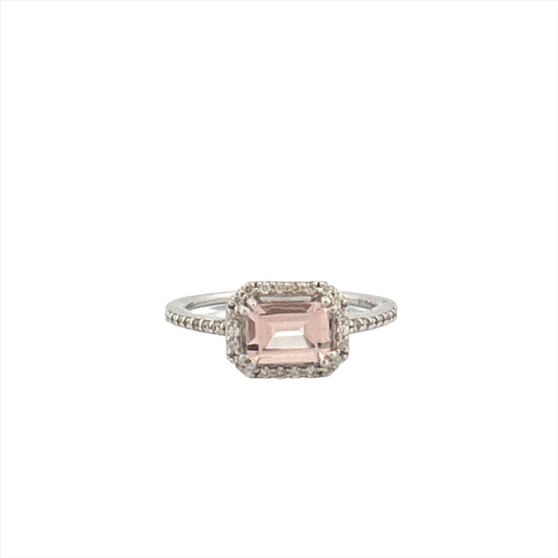 14K Gold 1.25 Carat East West Emerald Cut Morganite Art Deco Halo Engagement Ring