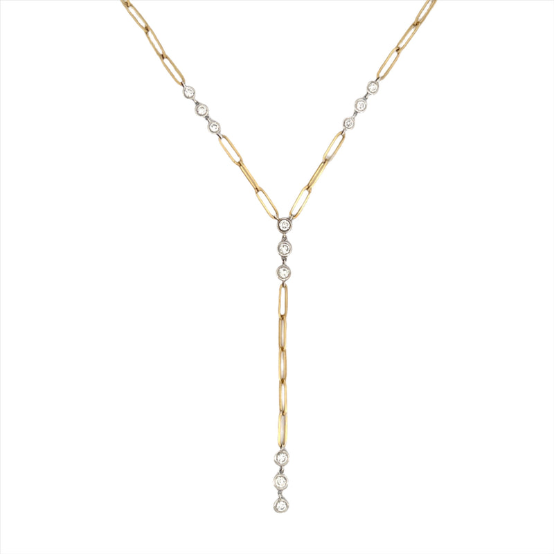 14K Gold Paper Clip Diamond Tri Bezel Drop Necklace