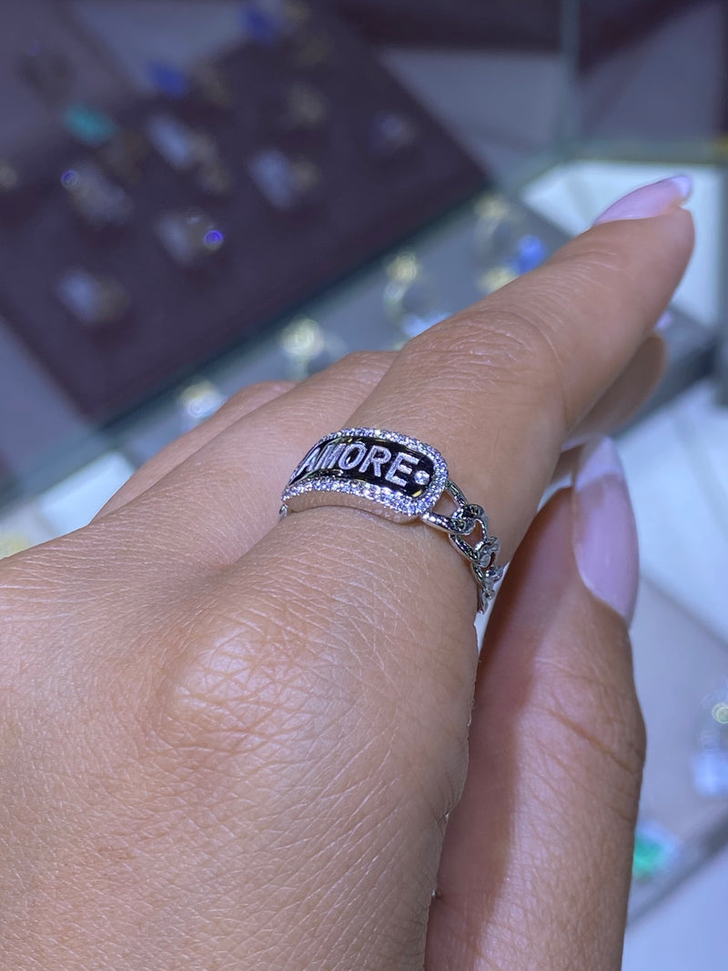 14K White Gold AMORE ID Cuban Diamond Ring