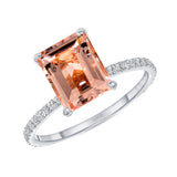 emerald cut morganite ring with silver diamond band
