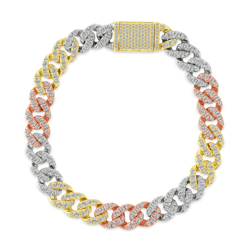 14K Tri Color Gold Medium Diamond Cuban Bracelet