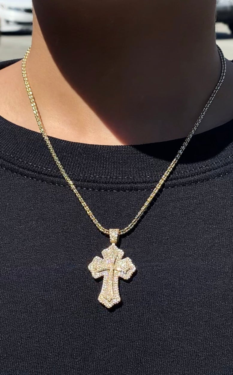 14K Gold Diamond Halo Cross Pendant