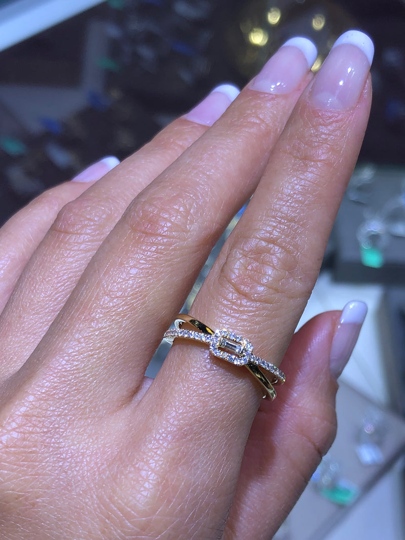 14K Gold Baguette Halo Cross Diamond Band