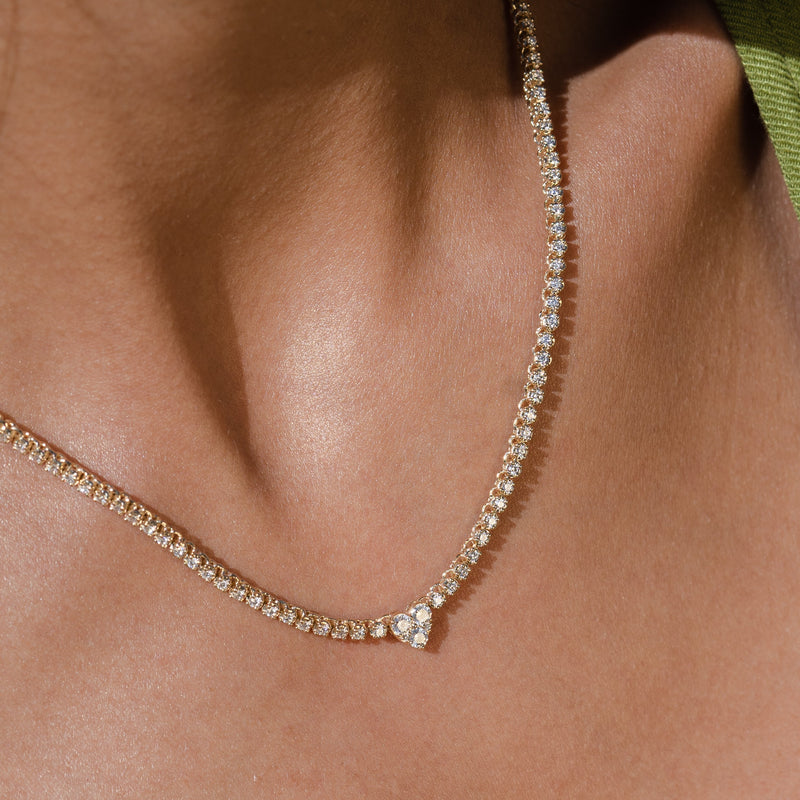 14k Gold Half Tennis Half Paper Clip 3-Round Heart Diamond Necklace