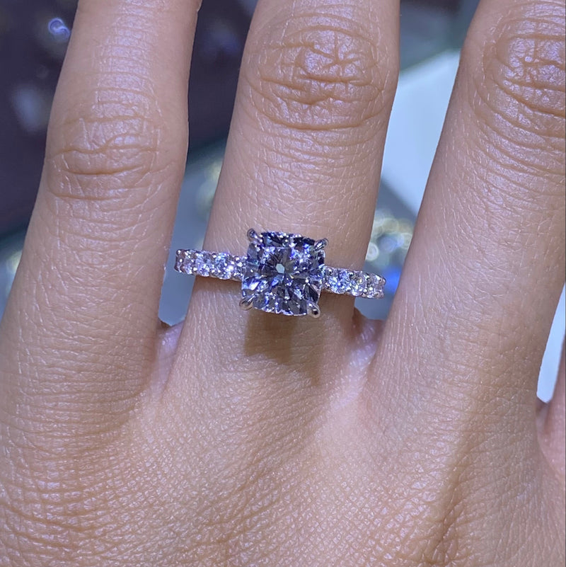 14K Gold 2.00 Carat Cushion Lab Grown Diamond Under Halo, Diamond U Prong Engagement Ring