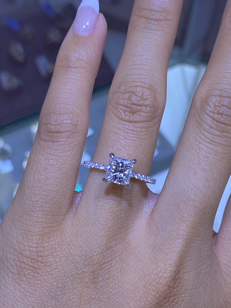 14K Gold 1.50 Carat Princess Lab Grown Diamond Under Halo Engagement Ring