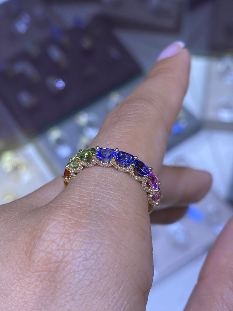 14K Gold Rainbow East West Emerald Sapphire U-Prong Band